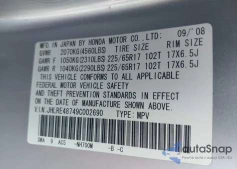 2009 Honda Cr-V Ex-L z USA, uszkodzony, nr VIN JHLRE48749C002690